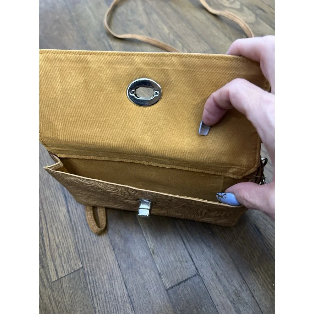 Bueno of California Embossed Floral Wallet on a String Crossbody Bag Tan